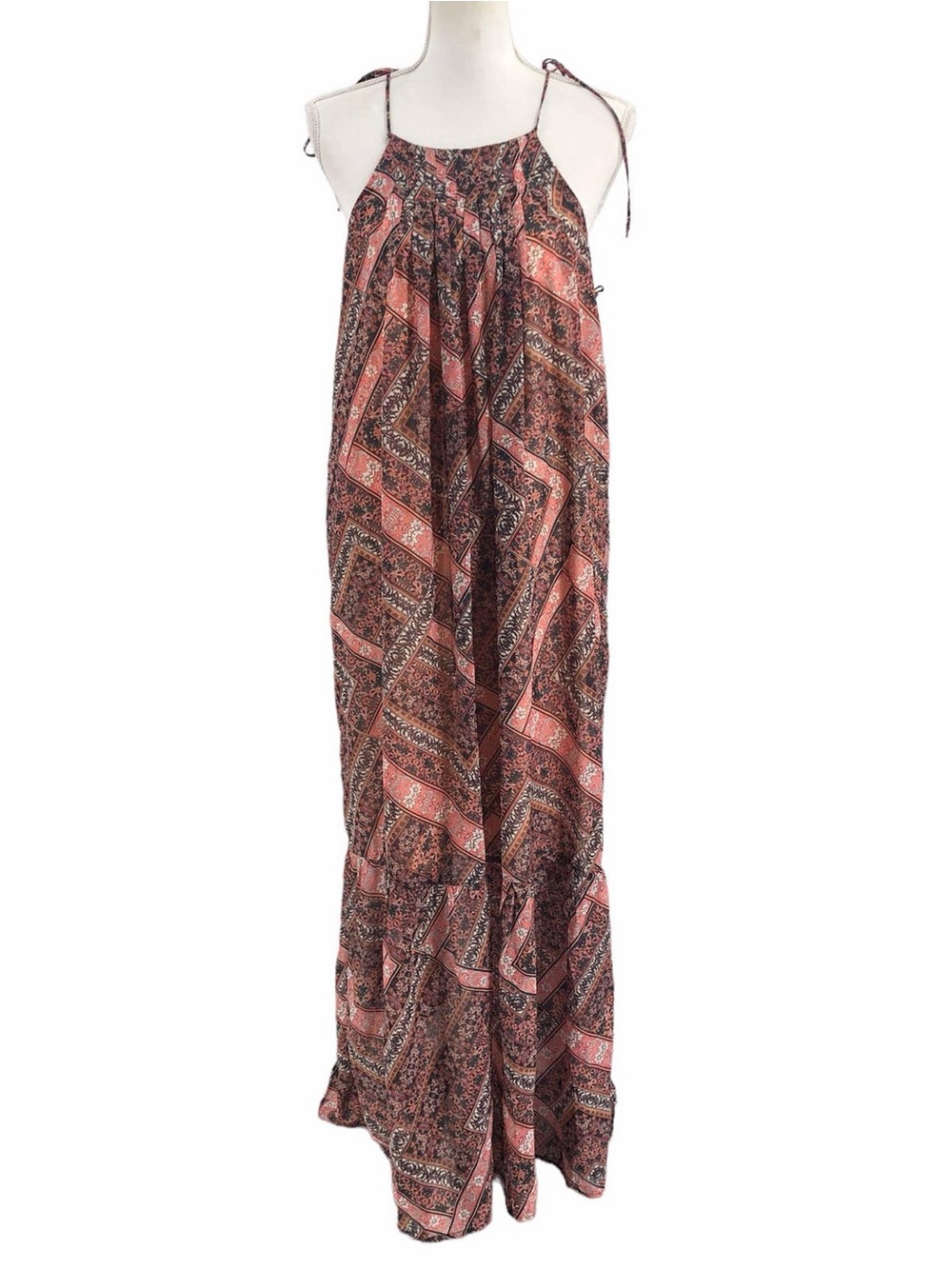 NSR Boho Tie Sleeve Maxi Dress — Patchwork Print, Size M
